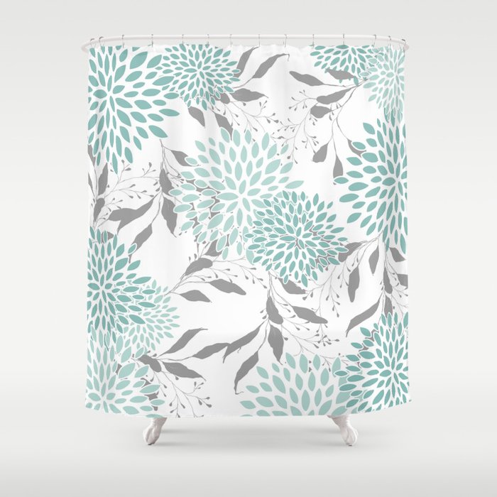 Festive, Floral Blooms and Leaves, Teal and Gray Shower Curtain