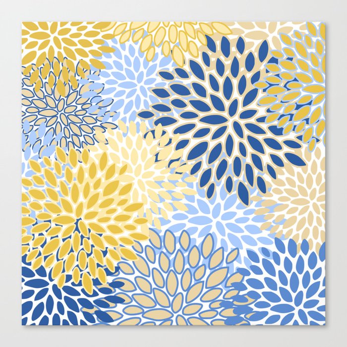 Modern, Floral Prints, Summer, Yellow and Blue Canvas Print by Megan