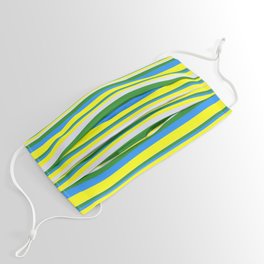[ Thumbnail: Lavender, Forest Green, Blue & Yellow Colored Striped Pattern Face Mask ]