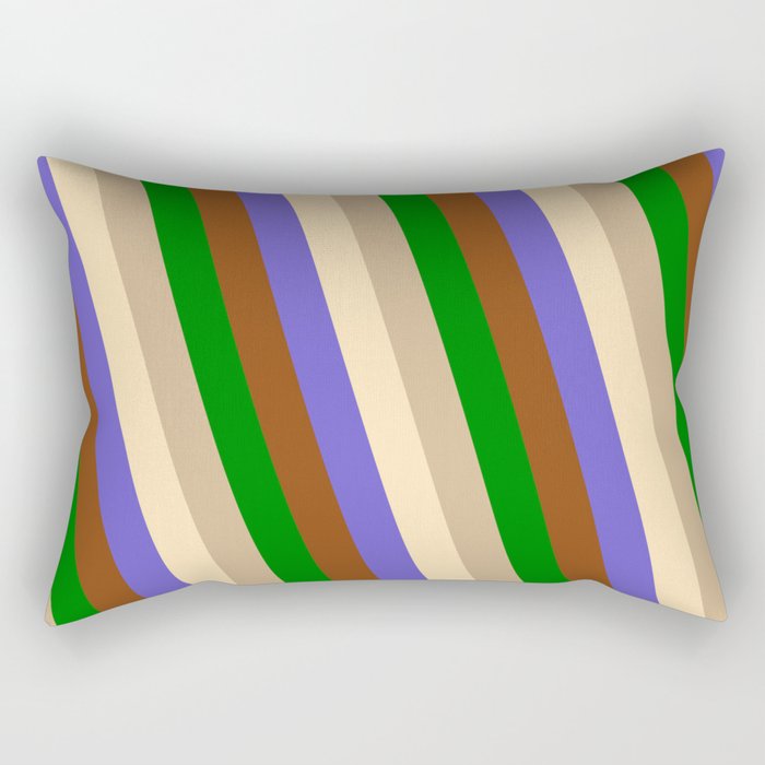 Eye-catching Brown, Green, Tan, Beige & Slate Blue Colored Pattern of Stripes Rectangular Pillow