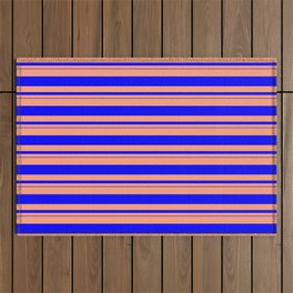 [ Thumbnail: Light Salmon & Blue Colored Lined/Striped Pattern Outdoor Rug ]