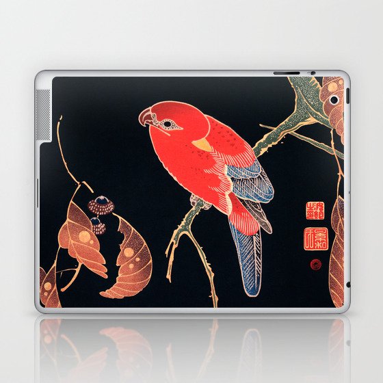 Japanese Woodblock Print Of Red Parrot on the Branch of a Tree By Ito Jakuchu,Woodcut,vintage,ukiyo,Japan ,Red And Black, Laptop & iPad Skin