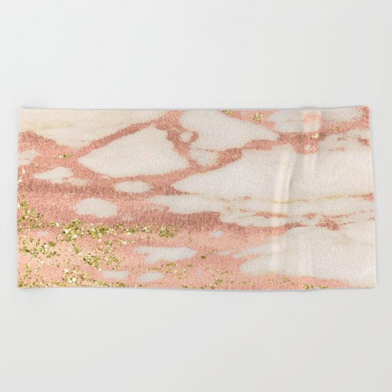 Marble - Rose Gold Shimmer Marble with Yellow Gold Glitter Beach Towel