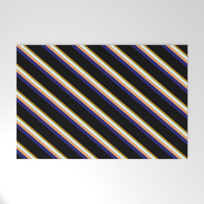 Vibrant Dark Goldenrod, Light Cyan, Brown, Midnight Blue & Black Colored Stripes/Lines Pattern Welcome Mat