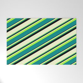 [ Thumbnail: Light Green, Dark Cyan, Black & Light Yellow Colored Striped/Lined Pattern Welcome Mat ]