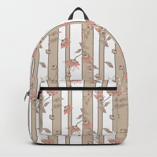 Retro . Floral pattern on a beige striped background . Backpack