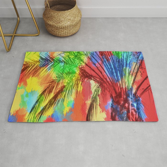 isolate palm tree with painting abstract background in red blue green yellow Rug
