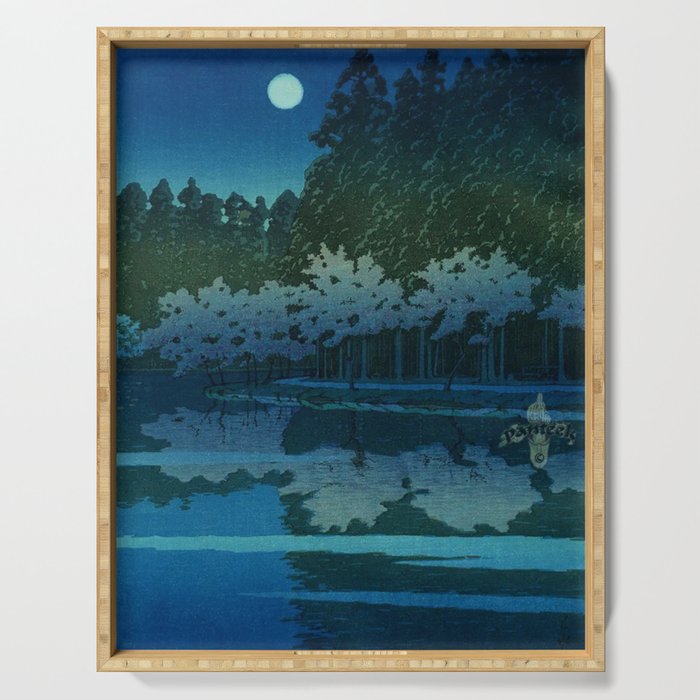 Spring Night at Inokashira blue nature Japanese landscape painting with cherry blossoms by Hasui Kawase Serving Tray