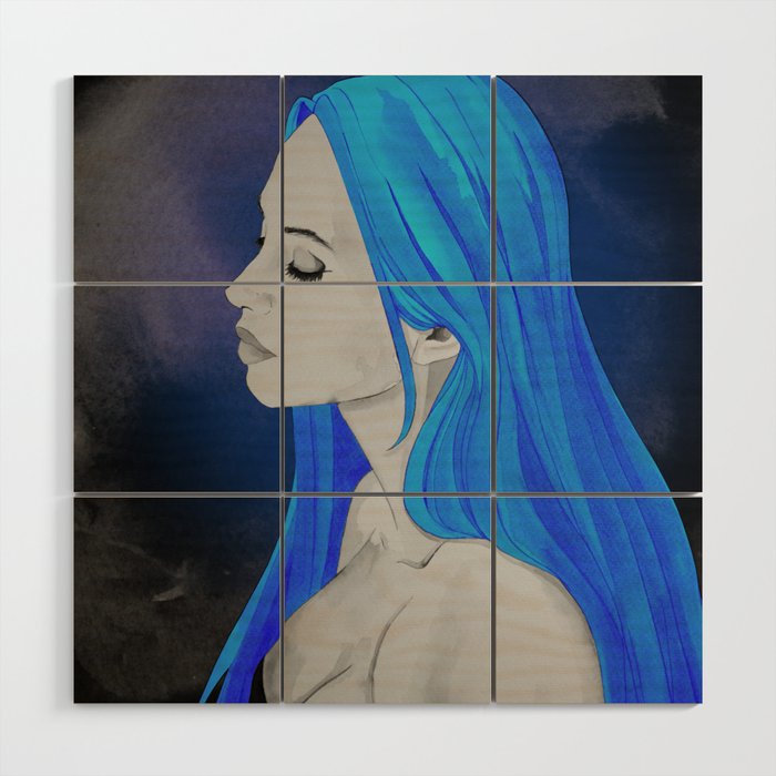 Painting of a Woman with Long Hair - Moonlight Blue Wood Wall Art