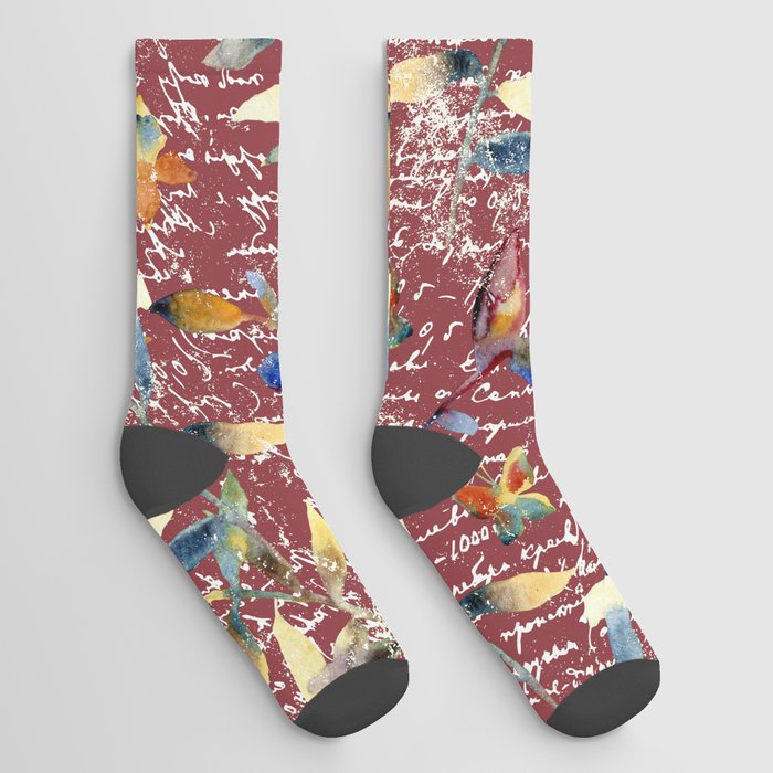 Butterflies and Floral Pattern on Pale Red Socks