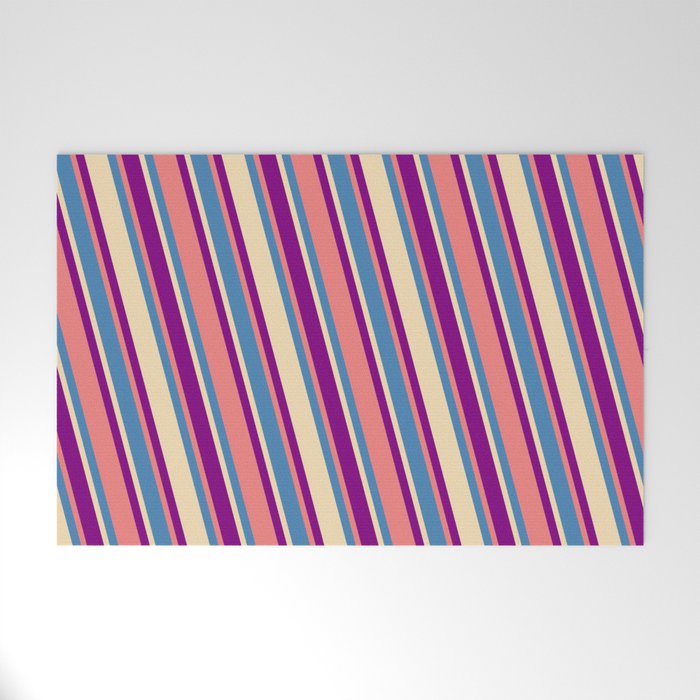 Blue, Tan, Purple & Light Coral Colored Pattern of Stripes Welcome Mat