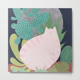 Moonlight Kitty Metal Print | Pink, Cacti, Nature, Metallic, Botanical, Garden, Sleepycat, Succculents, Kitty, Plants 