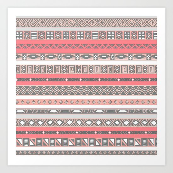 Aztec Print Peach Rose Salmon Grey Art Print