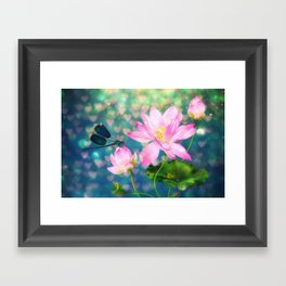 Dreamy vintage Lotus and Dragonfly Framed Art Print