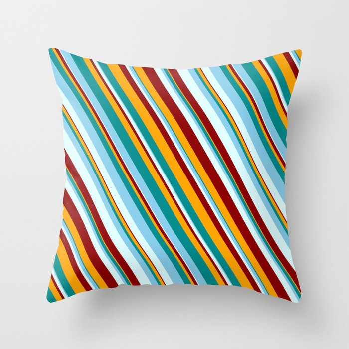 Vibrant Dark Cyan, Sky Blue, Light Cyan, Dark Red & Orange Colored Lined/Striped Pattern Throw Pillow