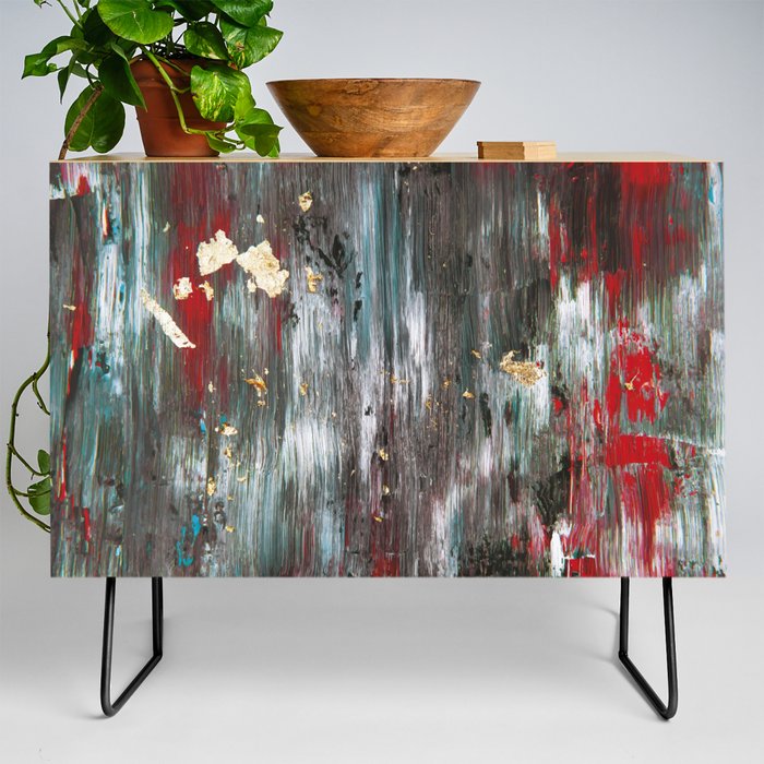 Brush Stroke Abstract Art Black and Red Credenza