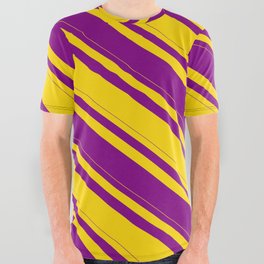 [ Thumbnail: Yellow and Purple Colored Stripes/Lines Pattern All Over Graphic Tee ]