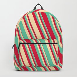 [ Thumbnail: Aquamarine, Crimson, and Beige Colored Striped/Lined Pattern Backpack ]