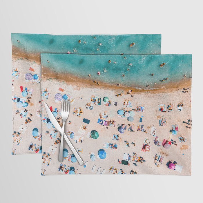 Aerial Ocean Beach Print, Beach Print, Summer Vibes, Aerial Beach People Umbrellas Print, Beach Photography, Sea Waves Art Print Placemat