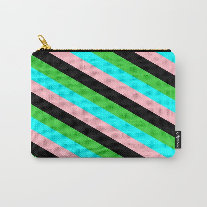 Lime Green, Cyan, Light Pink & Black Colored Striped Pattern Carry-All Pouch