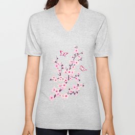Cherry Blossom Pink Black V Neck T Shirt