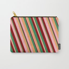 [ Thumbnail: Brown, Light Pink, Dark Red, and Sea Green Colored Lines/Stripes Pattern Carry-All Pouch ]