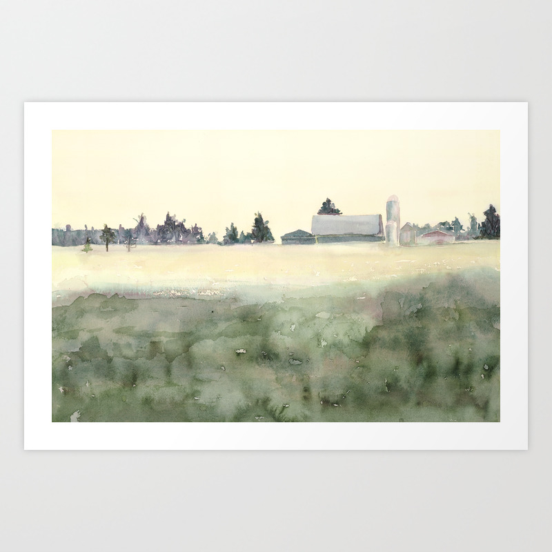 Flintville Mist Watercolor Landscape Painting Rural Farm Art