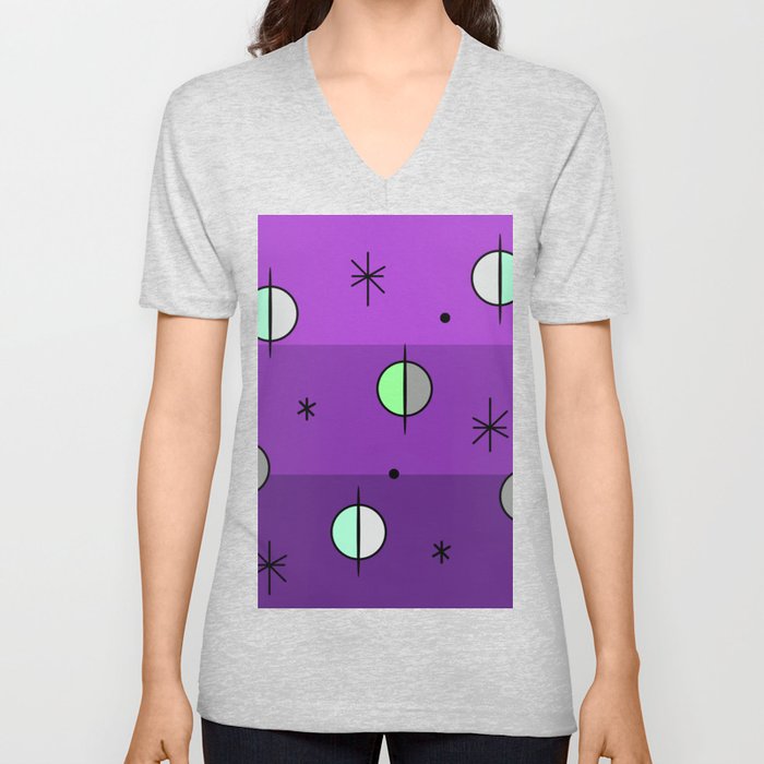 Retro Space Age Planets Stars Purple V Neck T Shirt