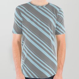 [ Thumbnail: Light Blue and Grey Colored Pattern of Stripes All Over Graphic Tee ]