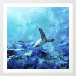 Sea Turtle Into The Deep Blue Art Print