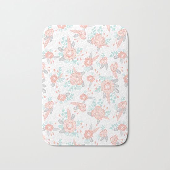 Floral bouquet pastel mint pink florals painted painted pattern basic minimal pattern print Bath Mat