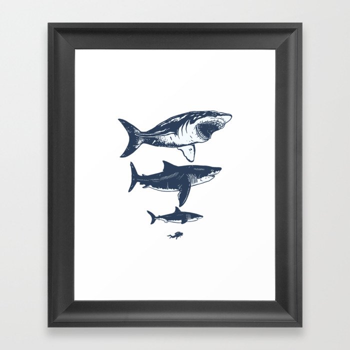 Megalodon sizes compaired to shark and diver Framed Art Print
