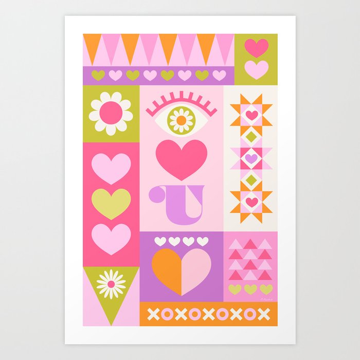 I Love You Checkerboard - Pink & Orange Art Print