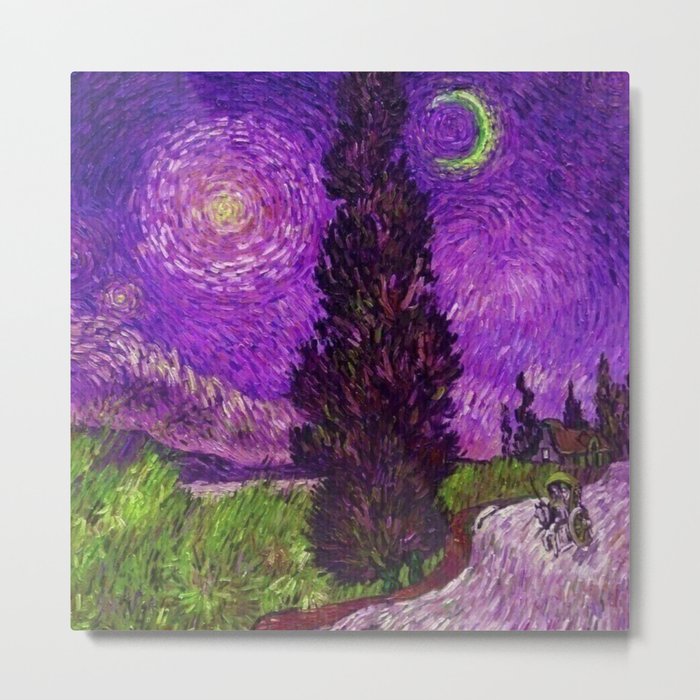 Road with Cypress and Star; Country Road in Provence by Night, oil-on-canvas post-impressionist landscape painting by Vincent van Gogh in alternate purple twilight sky Metal Print