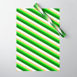 [ Thumbnail: Vibrant Orange, Pale Goldenrod, Lime, Green, and White Colored Stripes/Lines Pattern Wrapping Paper ]