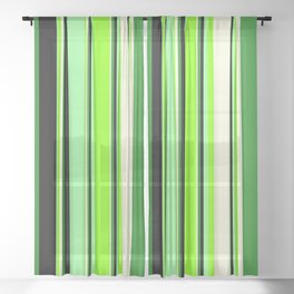 [ Thumbnail: Eyecatching Green, Chartreuse, Beige, Forest Green & Black Colored Stripes/Lines Pattern Sheer Curtain ]