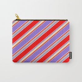 [ Thumbnail: Red, Grey, Purple & Beige Colored Stripes/Lines Pattern Carry-All Pouch ]