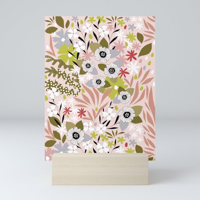 Maximalist Boho Floral Pattern 2. Olive & Blush Mini Art Print