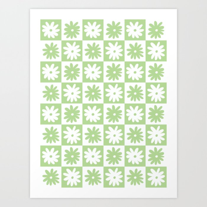 Green And White Checkered Flower Pattern Art Print