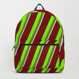 [ Thumbnail: Maroon, Chartreuse, Green & Powder Blue Colored Striped/Lined Pattern Backpack ]