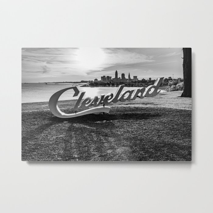 Cleveland Ohio Sign Lake Erie Skyline Black White Print Metal Print