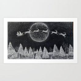 Santa flying over a winter wonderland of snow covered trees in his reindeer drawn sleigh by the light of a full moon Art Print