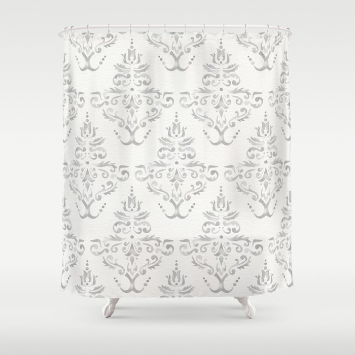 Hand Painted Watercolor Damask Pattern, Grey Damask Shower Curtain