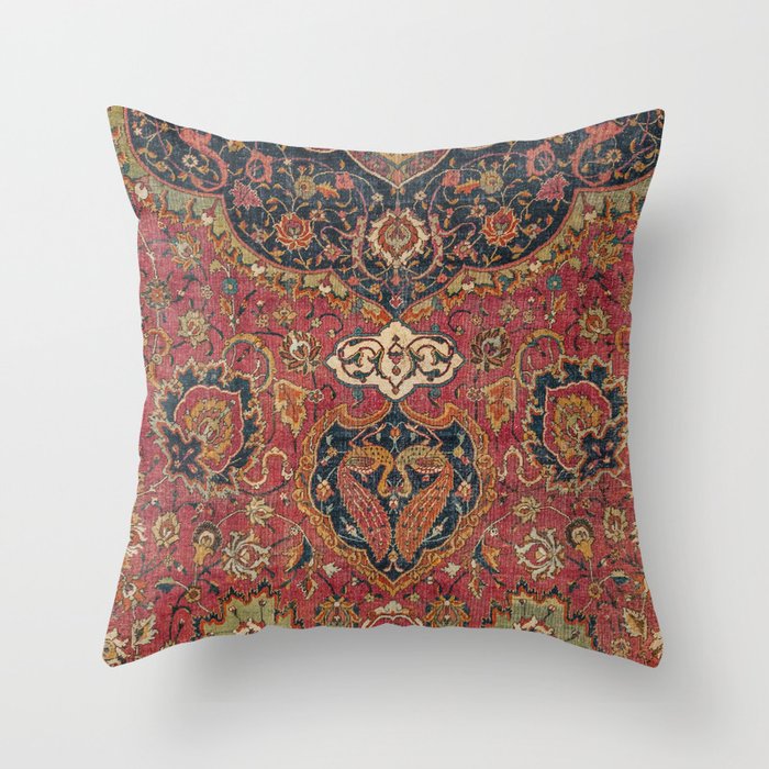Persian Medallion Rug VII // 16th Century Distressed Red Green Blue Flowery Colorful Ornate Pattern Throw Pillow