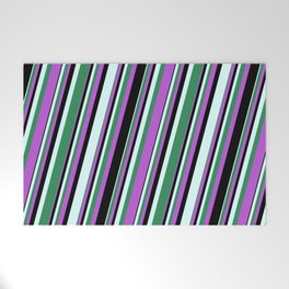 [ Thumbnail: Orchid, Black, Light Cyan, and Sea Green Colored Lined/Striped Pattern Welcome Mat ]