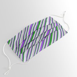 [ Thumbnail: Grey, Purple, Green & Lavender Colored Lines/Stripes Pattern Face Mask ]