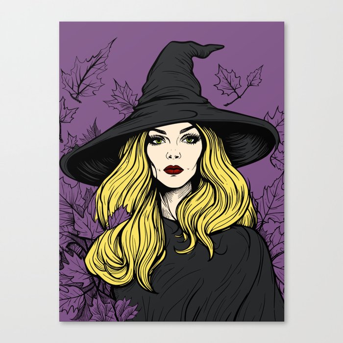 Witch and Autumn Leaves Vintage Horror Halloween Black Purple Violet Yellow Canvas Print