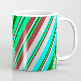 [ Thumbnail: Colorful Brown, Light Grey, Cyan, Dark Green, and Green Colored Stripes Pattern Coffee Mug ]
