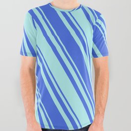 [ Thumbnail: Royal Blue & Turquoise Colored Lined/Striped Pattern All Over Graphic Tee ]