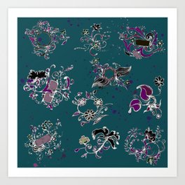 Funkier Flowers (teal) Art Print | Lilac, Teal, Pattern, Dark, Graphite, Flower, Contemporary, Vines, Blue, Cyan 